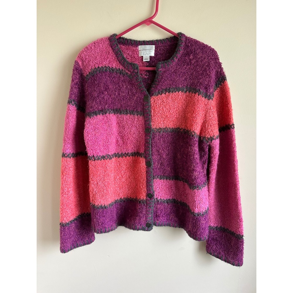 Christopher & Banks Pink Purple Mohair Blend Colorblock Striped Cardigan L #0081
